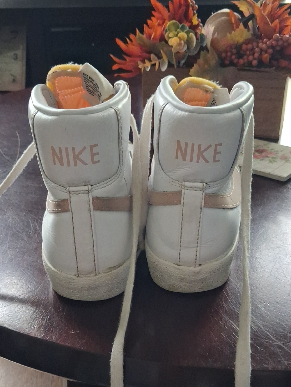 Nike Womens White High-Top Sneakers with Rose Gold Trim